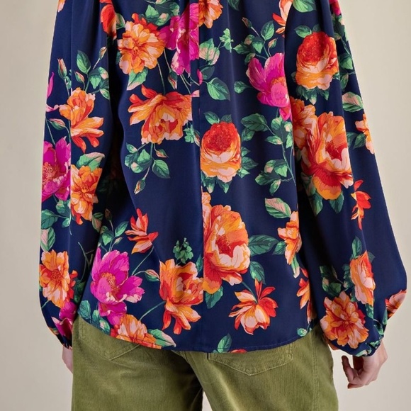 New Easel Women's Floral Tie Neck Blouse Pullover Woven Long Sleeve Small BLUE - Picture 10 of 10